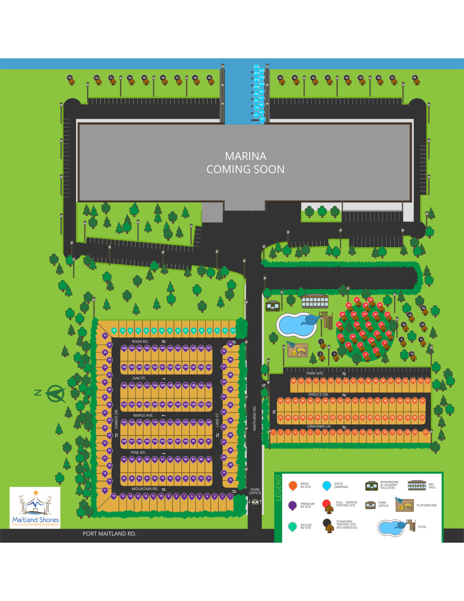 Maitland Shores RV Park map in Port Maitland Ontario showing campsites roads and park layout near Lake Erie