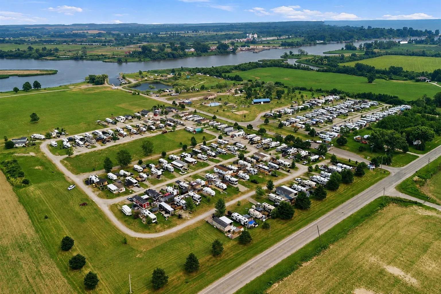 Aerial view of seasonal RV sites and the Grand River at Maitland Shores Resort
