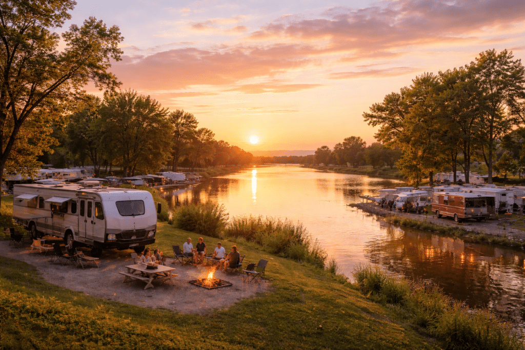 Illustrative camping and campfire scene beside the water